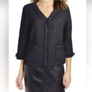 Talbots Black Wool Metallic Tweed Blazer with Ruffle Trim